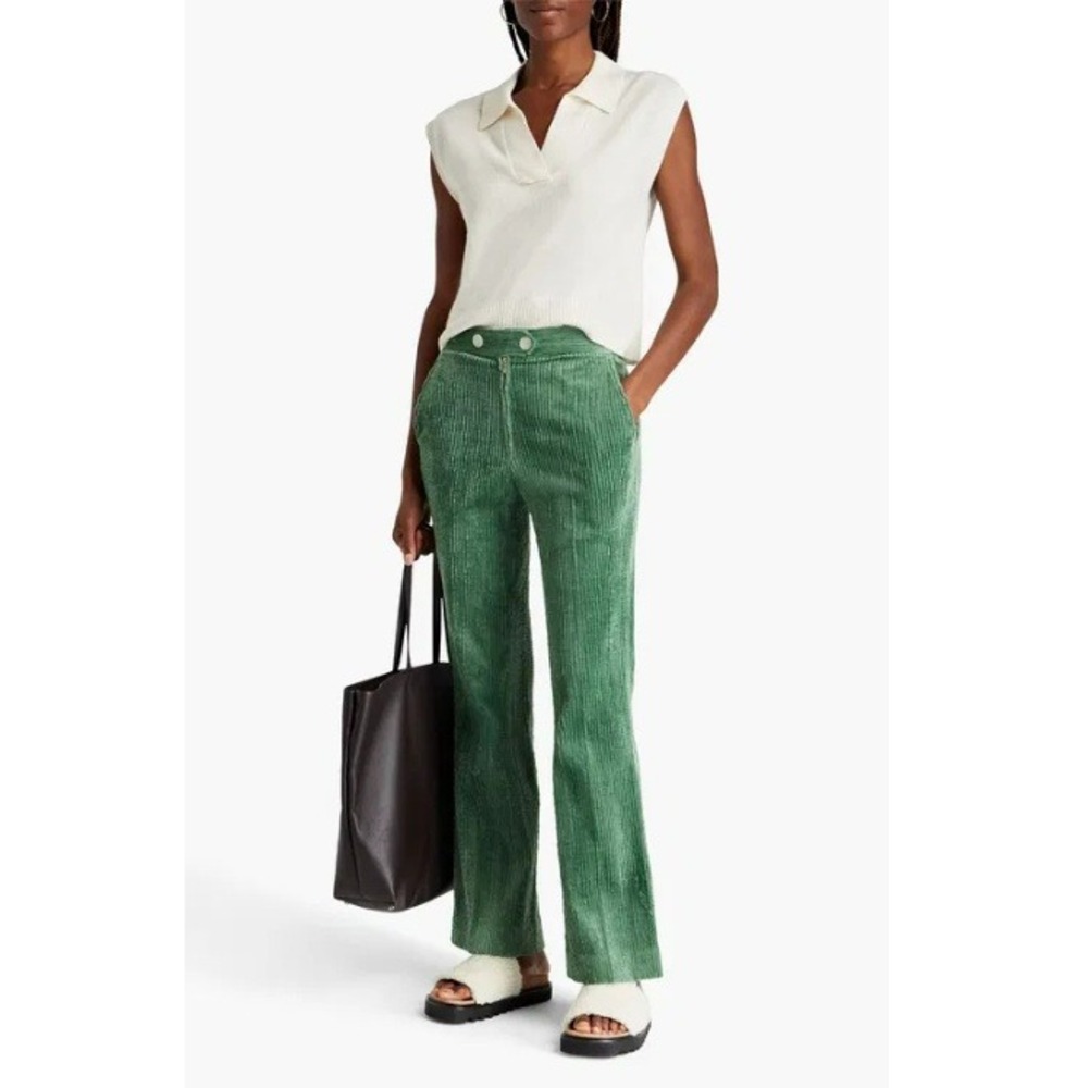 Sandro Cotton-Blend Corduroy Bootcut Pants Textured Forest Green French Chic34